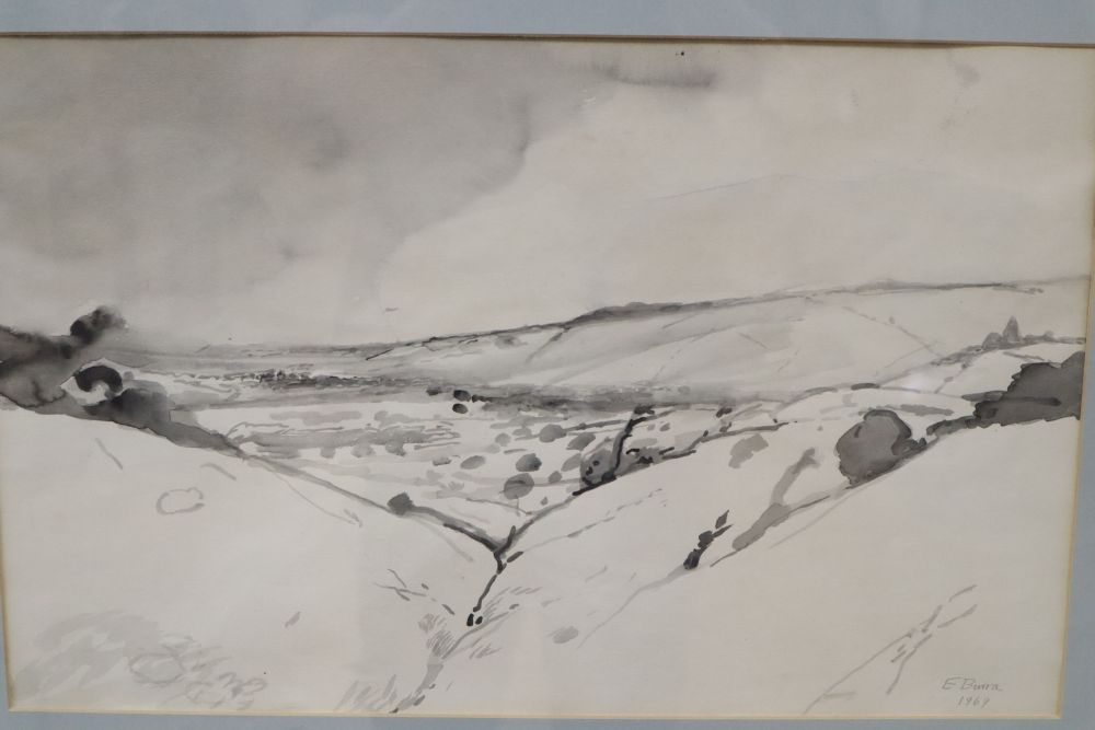 E. Burra, monochrome watercolour, Downland scene, signed and dated 1969, 31 x 49cm